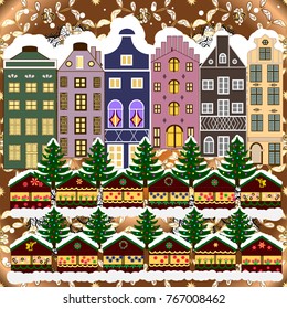 Vector illustration. Background. Winter village landscape.
