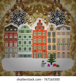 Vector illustration. Background. Winter village landscape.