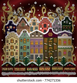 Vector illustration. Background. Winter village landscape.