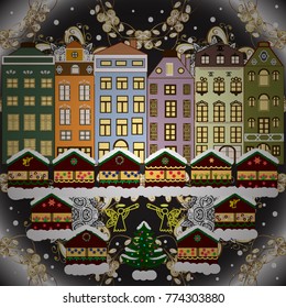 Vector illustration. Background. Winter village landscape.