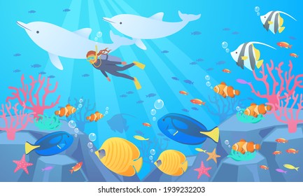 Vector illustration background of a woman scuba diving in the ocean watching tropical fish and dolphins