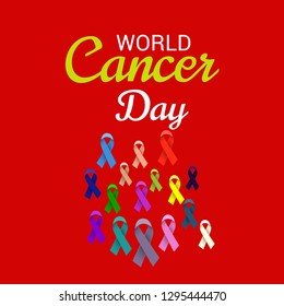 Vector illustration of a Background for World Cancer Day (February 4). Colorful Awareness Ribbons blue, red, green, pink and yellow Color for Supporting People Living and illness.