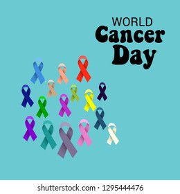 Vector illustration of a Background for World Cancer Day (February 4). Colorful Awareness Ribbons blue, red, green, pink and yellow Color for Supporting People Living and illness.