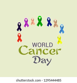 Vector illustration of a Background for World Cancer Day (February 4). Colorful Awareness Ribbons blue, red, green, pink and yellow Color for Supporting People Living and illness.