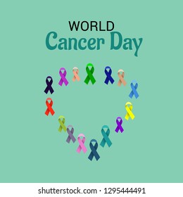 Vector illustration of a Background for World Cancer Day (February 4). Colorful Awareness Ribbons blue, red, green, pink and yellow Color for Supporting People Living and illness.