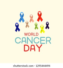 Vector illustration of a Background for World Cancer Day (February 4). Colorful Awareness Ribbons blue, red, green, pink and yellow Color for Supporting People Living and illness.