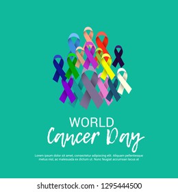 Vector illustration of a Background for World Cancer Day (February 4). Colorful Awareness Ribbons blue, red, green, pink and yellow Color for Supporting People Living and illness.