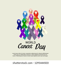 Vector illustration of a Background for World Cancer Day (February 4). Colorful Awareness Ribbons blue, red, green, pink and yellow Color for Supporting People Living and illness.