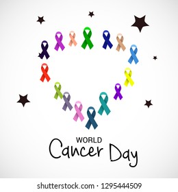 Vector illustration of a Background for World Cancer Day (February 4). Colorful Awareness Ribbons blue, red, green, pink and yellow Color for Supporting People Living and illness.