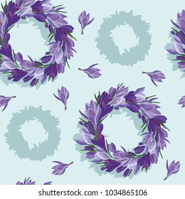 vector illustration of background with wreath  from purple crocuses