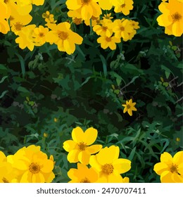 Vector illustration of background with yellow flowers on grass, seamless