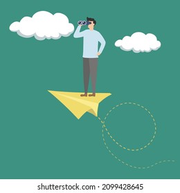 Vector illustration background of a young businessman flying with the paper airplane to analyze business growth.Professional businessman.Analyze the business. Graphic design vector illustration