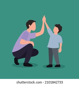 Vector illustration background of a young father giving high five cues to son for successful school achievement, parenting time. Happy Family parenting concept.Simple design vector illustration