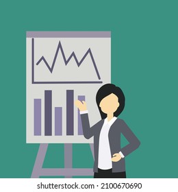 Fondo de ilustración vectorial de una joven gerente apuntando con el dedo a la tabla de gráfico con marcador. Presentación de negocios en el concepto de oficina con ilustración simple del vector de diseño