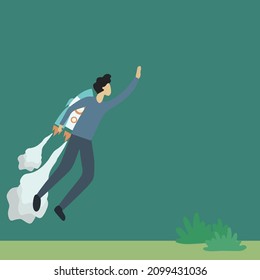 Vector illustration background of young handsome male worker flying high using jetpack machine. Success business manager. Fantastic business growth achievement. Graphic design vector illustration