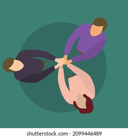 Vektorgrafik-Hintergrund von jungen glücklichen Geschäftsleuten vereinen ihre Hände zu einem Kreisform-Symbol, Draufsicht. Konzept der Geschäftspartnerschaft. Grafikdesign, Vektorgrafik