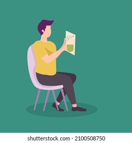 Vector illustration background of young happy business man holding coffee mug while reading tabloid headline news at hotel lobby. Relax drinking tea concept. Graphic design vector illustration