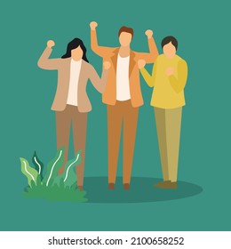 Vector illustration background of young happy promoted man woman manager line up neatly on office meeting room together. Business teamwork celebration concept Graphic design vector illustration