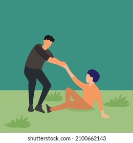 Vector illustration background of a young happy businessman helping his bankrupt partner who lay down on the ground to support to rise. True friendship concept Graphic design vector illustration