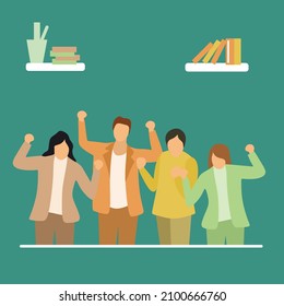 Vector illustration background of young happy male and female executive managers line up neatly on office room together. Business teamwork celebration concept Simple design vector illustration