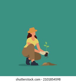 Vector illustration background of young male farmer planting plant shoots in the ground. Start the planting period. happy planting. Minimalism metaphor concept. Simple design vector illustration