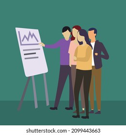 Vector illustration background of the young manager giving a presentation about increasing product sales to his team at the office. Standing Group meeting concept.Graphic design vector illustration