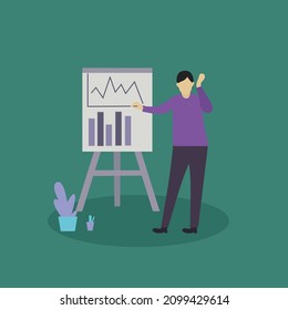 Vector illustration background of young presenter pointing finger on the audience who want to ask while doing the presentation. Workshop presentation concept.Graphic design vector illustration