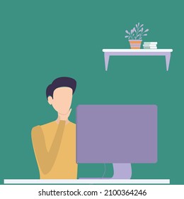 Vector illustration background of young startup CEO sitting in front of computer and thinking seriously at the office. Thinking how to solve problem concept Graphic design vector illustration