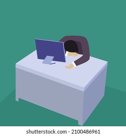 Vector illustration background of young tired male employee sleeping on the work desk with the computer. Hard work male employee.Work overload fatigue concept. Graphic design vector illustration