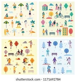 Vector illustration backgrounds in flat design of season people outdoor - summer, autumn, spring and winter