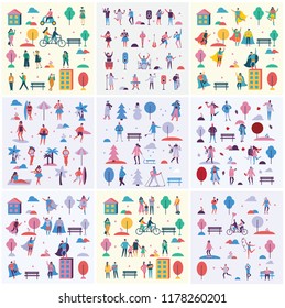 Vector illustration backgrounds in flat design of season people outdoor - summer, autumn, spring and winter