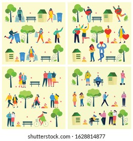 Vector illustration backgrounds in flat design of group people outdoor in the park on weekend