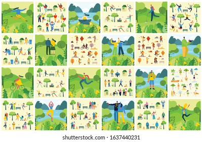 Vector illustration backgrounds in flat design of group peopledoing different activities outdoor in the park on weekend