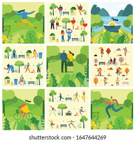 Vector illustration backgrounds in flat design of group people doing different activities outdoor in the park on weekend