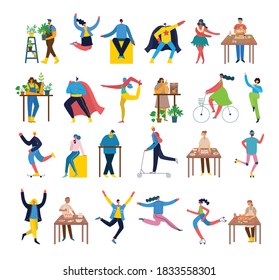 Vector illustration backgrounds in flat design of group people doing different activity in the flat style