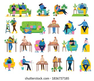 Vector illustration backgrounds in flat design of group people doing different activity in the flat style