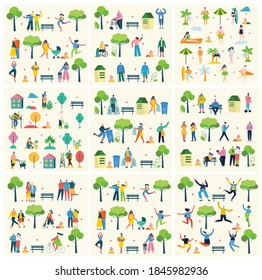 Vector illustration backgrounds of group people walking outdoor in the park on weekend in the flat style