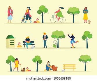 Antecedentes vectoriales de grupos de personas caminando al aire libre en el parque el fin de semana al estilo plano
