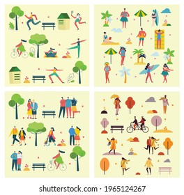 Vector illustration backgrounds of group people walking outdoor in the park on weekend in the flat style