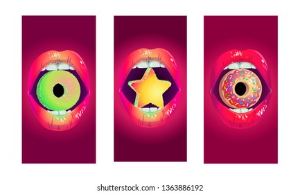 
Vector illustration of backgrounds for the phone. Creative images for the phone.
Female lips on a red background with a star and bagel.