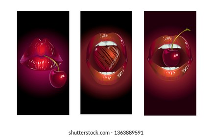 Vector illustration of backgrounds for the phone. Creative images for the phone.
Female lips on a dark red background with a cherry.