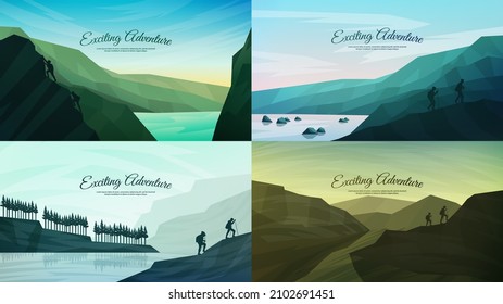 Vector illustration. Backgrounds set. Concept of discovery, exploration, hiking, adventure tourism and travel. Mountain and hills landscape. Flat design for web banner, website template. Panorama