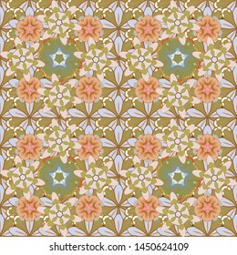 Vector illustration. For backgrounds, textiles, wrapping papers, greeting cards. Romantic seamless pattern with watercolor bouquet of abstract flowers in beige, yellow and green colors.