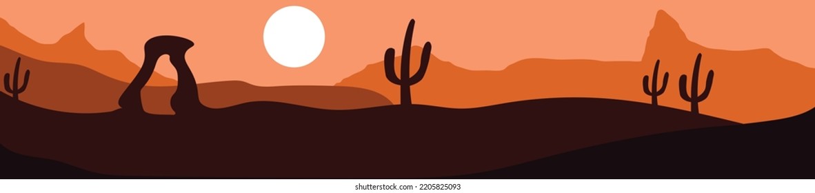 Vector Illustration Background.wild West Sunset Desert Scene With Cactus.