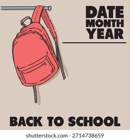 Ilustración vectorial de una mochila colgando de una barandilla sobre un fondo marrón claro con algo de sombra y texto.