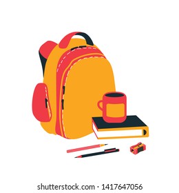 Vector illustration backpack, cup, book, pen and pencil. School supplies.