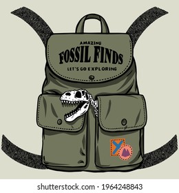 Vector illustration backpack with dinosaur skull. For kids t-shirt