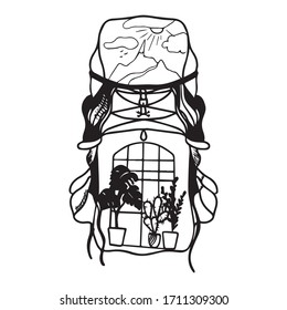 vector illustration of a backpack graphic design, art tattoo sketch, icon, carry bag, use in print, draw with hand, tourism symbol, logo