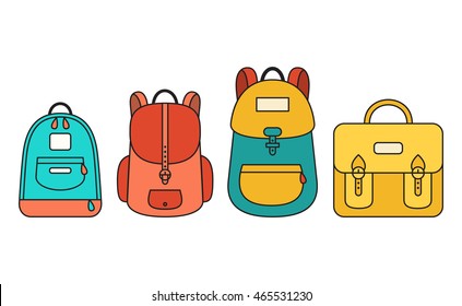 Vector illustration of backpack icon set. Colorful school bag collection. Isolated on white background.