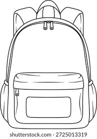 Ilustración vectorial de icono de mochila con compartimentos con cremallera, bolsillos laterales, correas, vista frontal, equipo de viaje y diseño de símbolo de bolso escolar